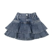 Little Girls Denim Skirts Mini Flared Pleated Toddler Jean Skorts With Shorts Underneath Versatile Dailywear, Blue, 11-12 Years